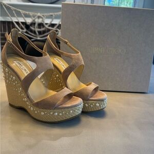 Jimmy Choo Pearl Embellished Tan Wedges Size 38